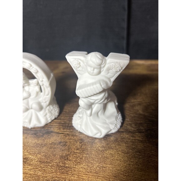 Christmas JOY Candle Holder Trio, Ceramic Bisque Cherub Angels Candleholder Set - Picture 6 of 15